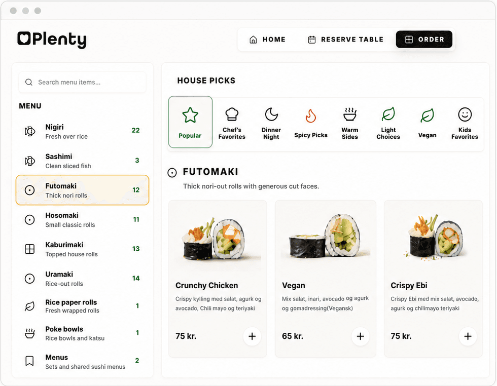 A Plenty ordering menu with search, categories, guided picks, and product cards.