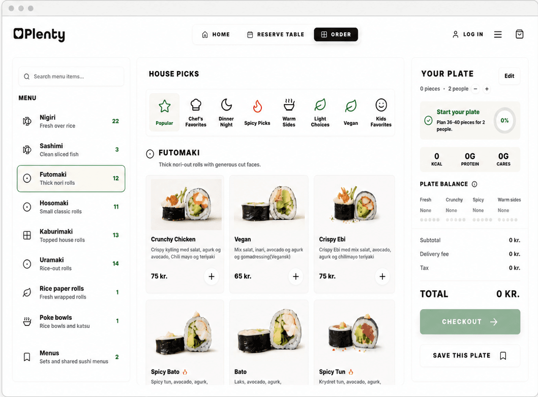 A Plenty direct ordering experience with menu categories, product cards, and a persistent order summary.
