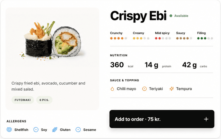 A Plenty product detail view with food imagery, availability, nutrition, allergens, and an add-to-order action.