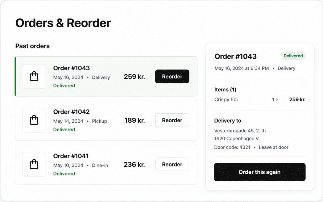 A Plenty customer order history with delivered orders, order details, and reorder actions.