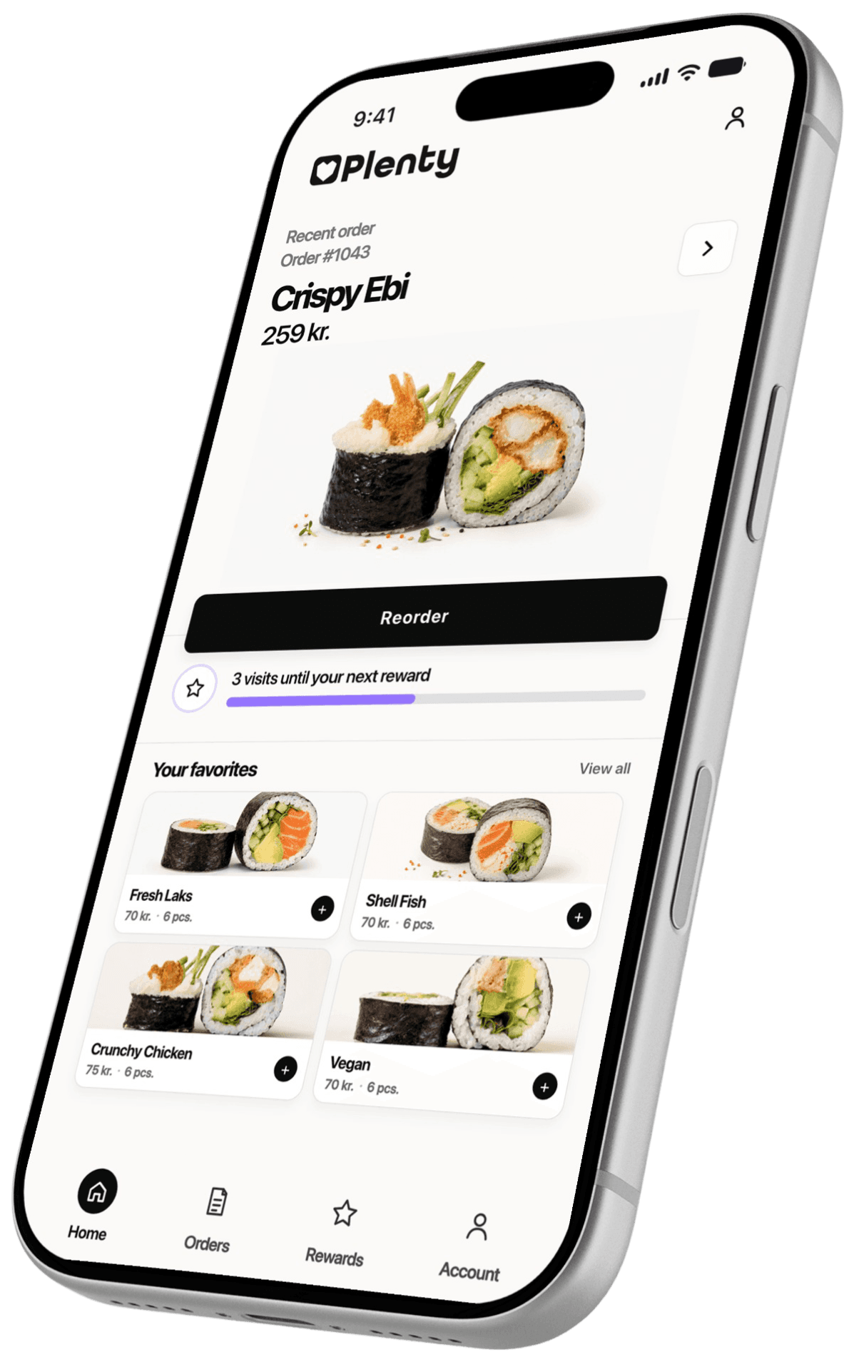 Plenty branded restaurant app showing reorder, rewards and favorite menu items